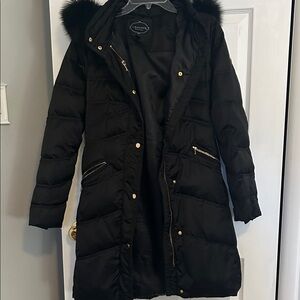Chateau Elegant Black Puffer Jacket with Gold Accents